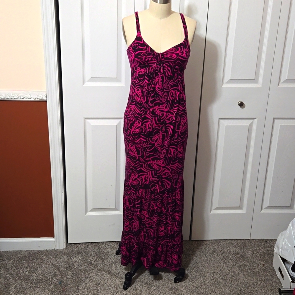 Pink & Black Floral Maxi Length Dress, Stretch, Size XS, Excellent Like New Cond